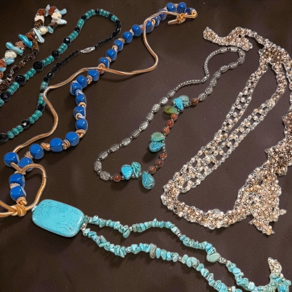 VTG Y2K Boho Turquoise Blue Stone Shell Wood Leather Layering Necklace Lot 6pc